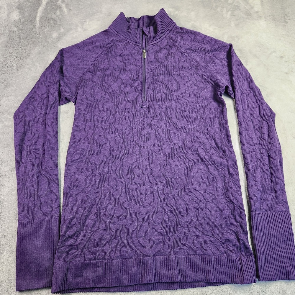 Lululemon Rest Less Pullover Purple Floral Embossed Half Zip 6 8 Long 1/4 1/2